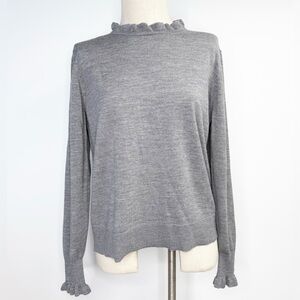 L.K. Bennett Grey Melange Ruffle‎ Trim Crewneck Sweater TK Jaza 100% Wool Large